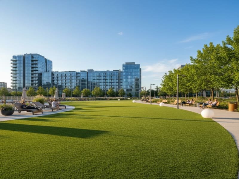 Happy dog playing on pet-friendly artificial grass with no mud